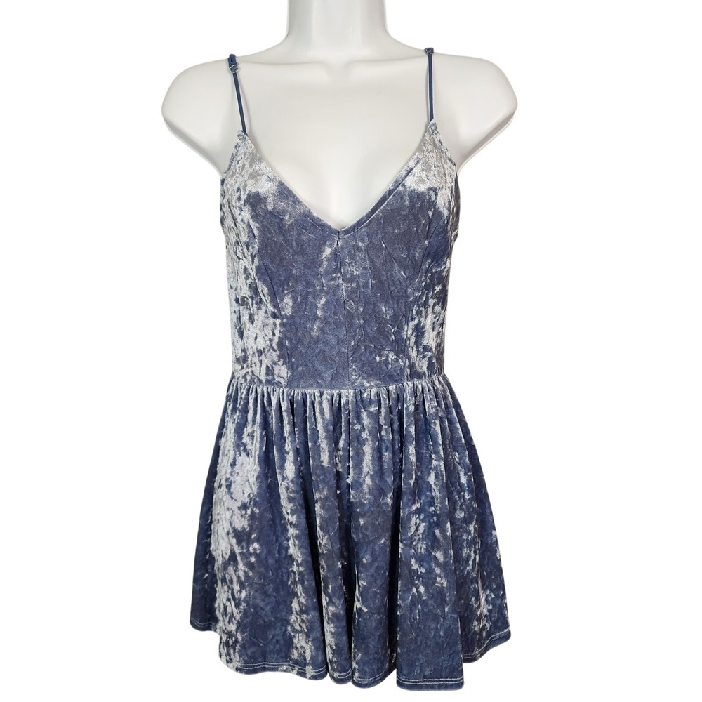 LA HEARTS Size Small PacSun Crushed Velvet Dusty Blue Open Cross Back Romper EUC